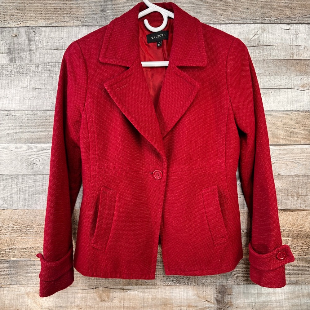 Talbots Cranberry Red Textured Blazer Jacket Woman Size 8 Single Button Classic